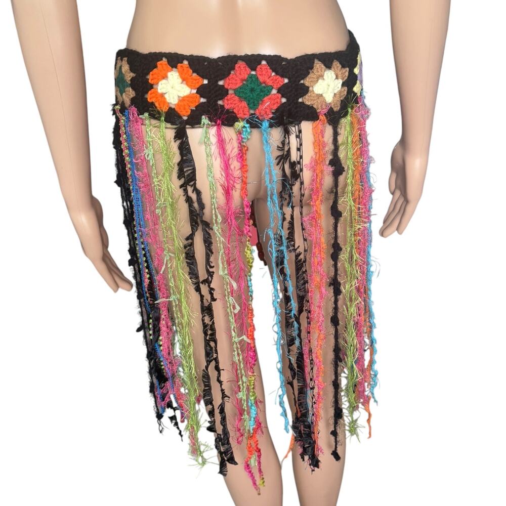 Upcycled Crochet Granny Square Floral Festival Set Fringe Ibiza Boho S/M Multi - Picture 9 of 10